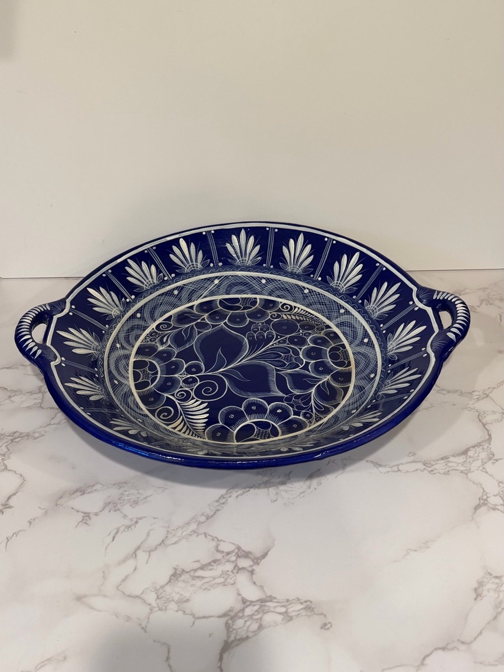 Large Hand Painted Mexican Talavera Blue & White Serving Platter Plate 16”